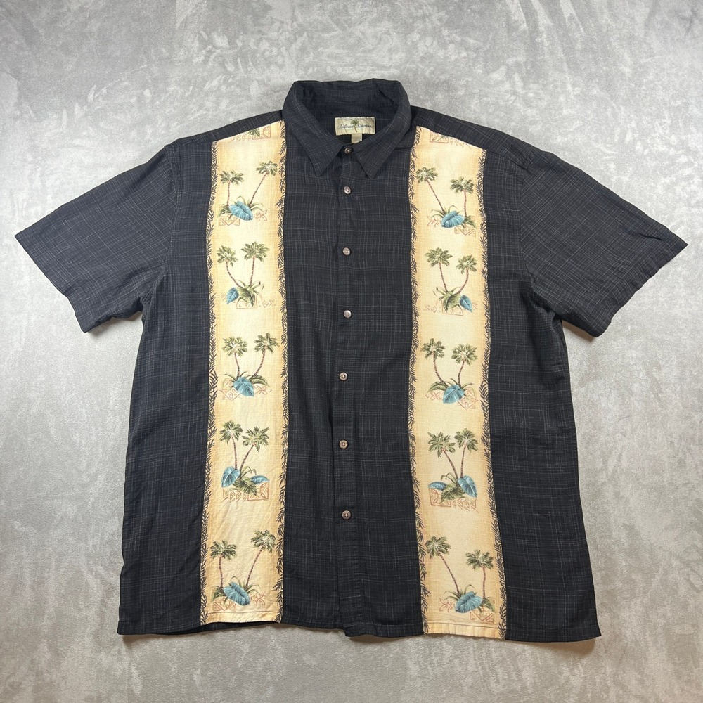 Island Shores Mens XXL Black Rayon Tropical Palm Tree Panel Hawaiian Shirt